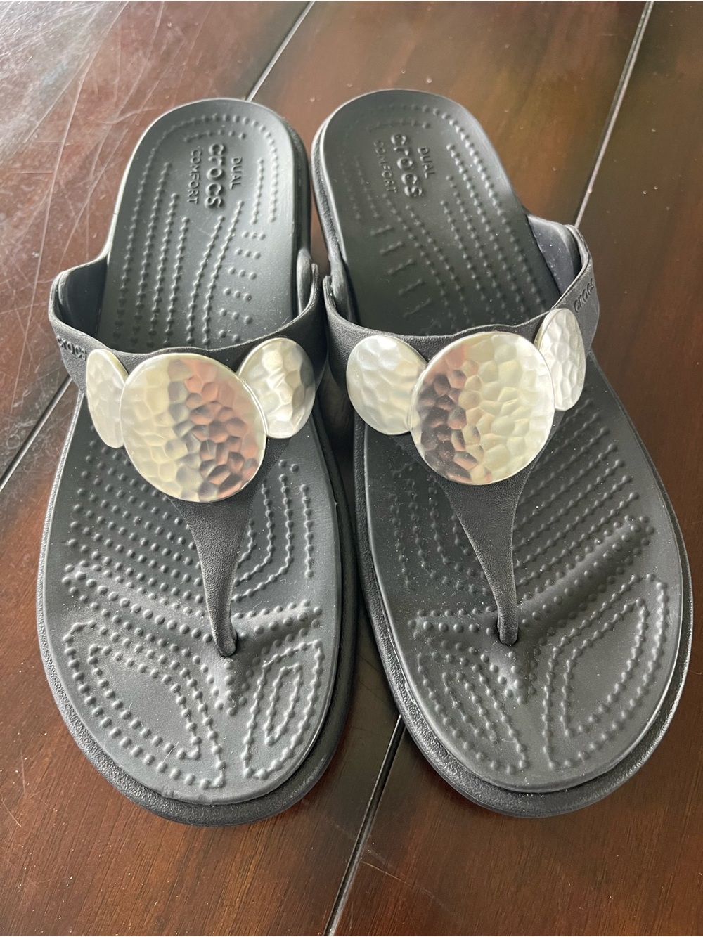 CROCS Black Thong Sandals with Hammered Silver Discs